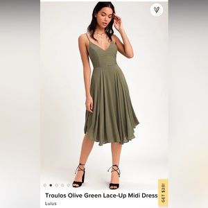 Lulus lace up olive green midi dress, size medium